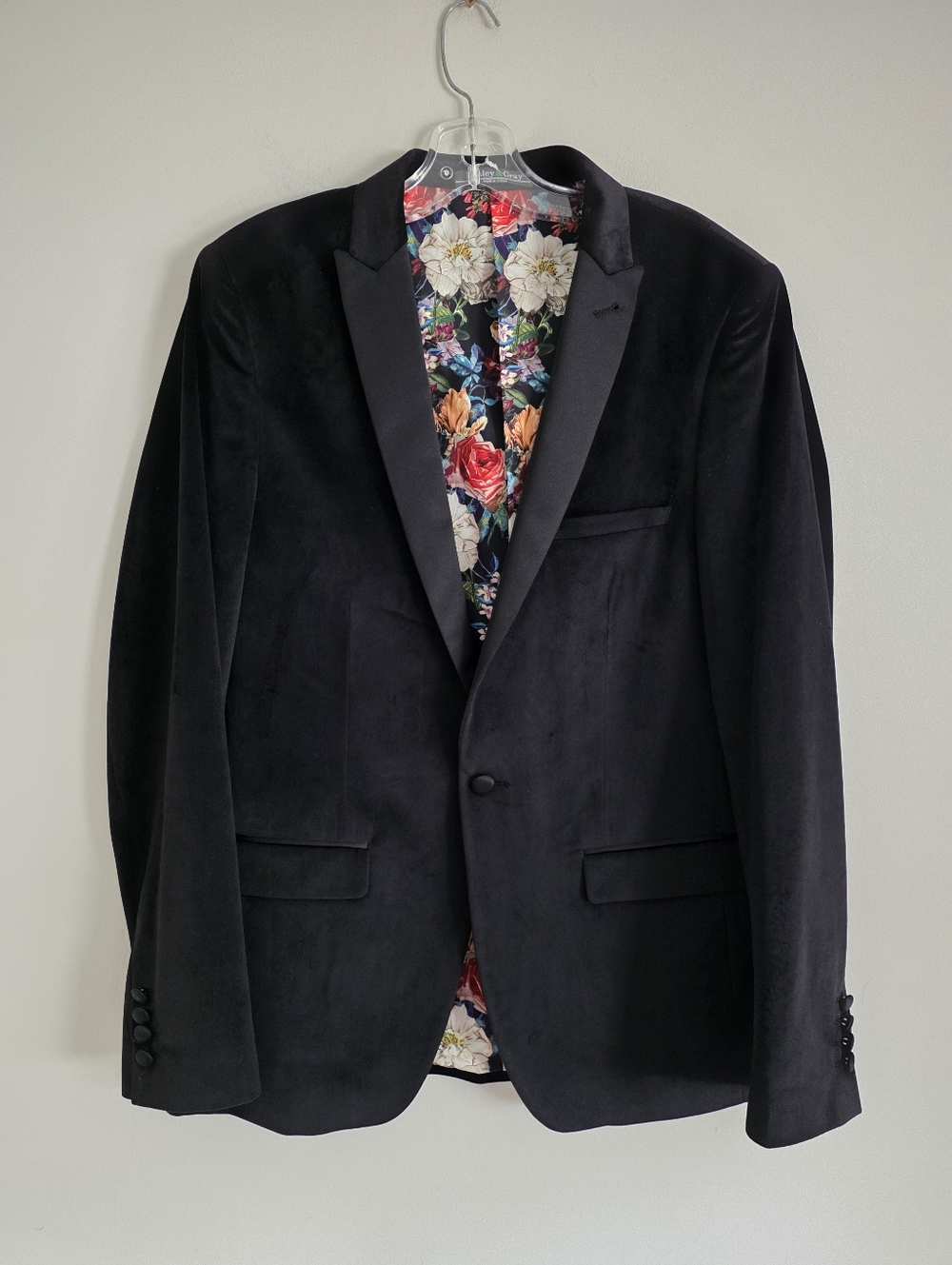 PAISLEY & GRAY | Men Black Velvet Floral Lining Slim Fit Blazer Jacket 40R